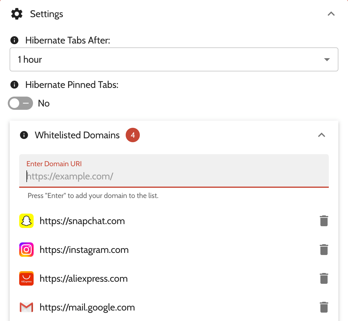 Settings panel within Tab Samurai. Displays the "Hibernate Tabs After" option, "Hibernate Pinned Tabs" option, and "Domain Whitelist".