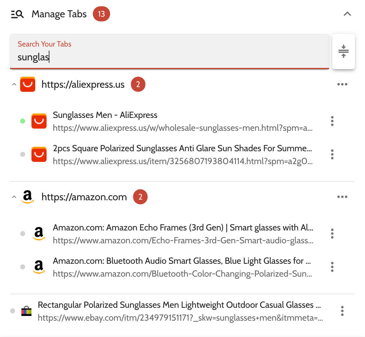 Searching for "sunglasses" within Tab Samurai's Tab Manager. Results include tabs for eBay, Amazon, and AliExpress.